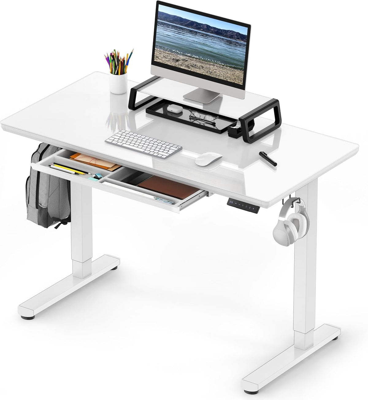 SHW 47-Inch Glass Electric Height Adjustable Standing Desk, White