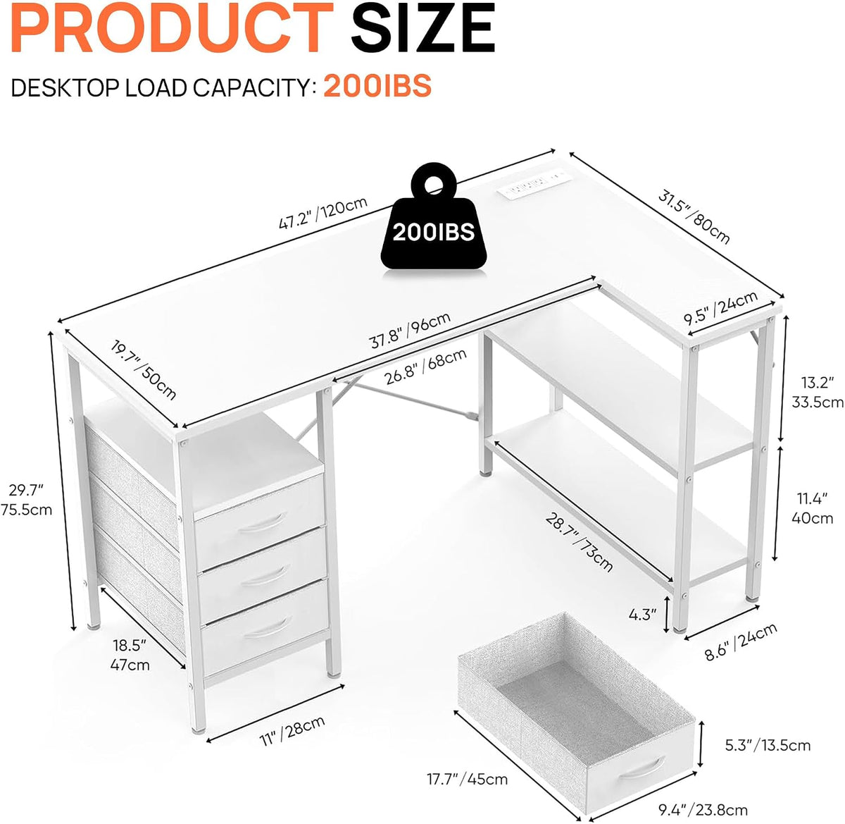 Alpen L Shaped Computer Desk, 47.2 Inch Corner Desk with Drawers and Power Ou...