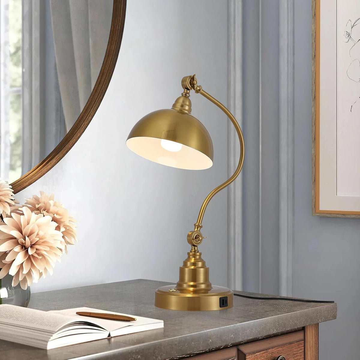 Fetason Dimmable Touch Control Gold Desk Lamp with Swing Arm Charging Port