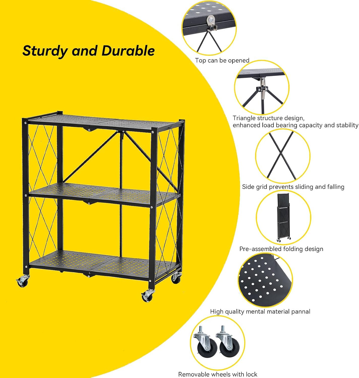 BRIAN & DANY 3-Tier Foldable Storage Shelves with Wheels, No Assembly Fol...