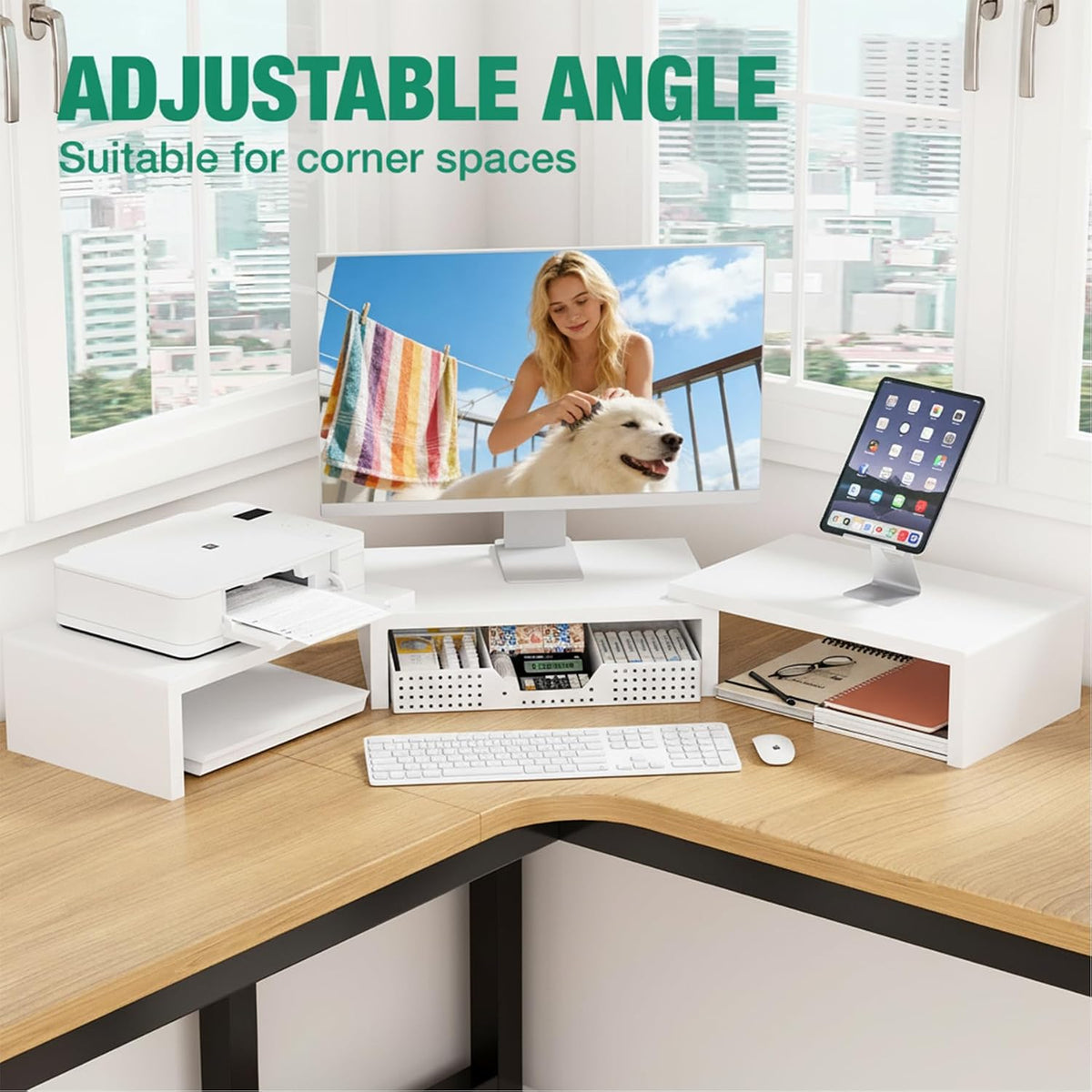 OPNICE Dual Computer Monitor Stand Riser, Desk Organizer with Drawer, Office ...