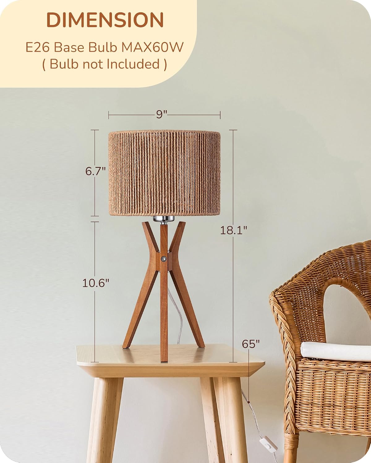 EDISHINE 17.5" Rattan Table Lamp, Handmade Paper Rope Woven Lampshade, E26