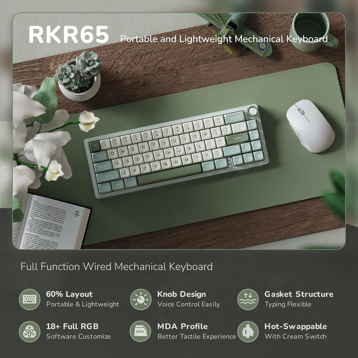 RK ROYAL KLUDGE R65 Wired Mechanical Keyboard, 60% Percent Creamy Gaming Keyb...