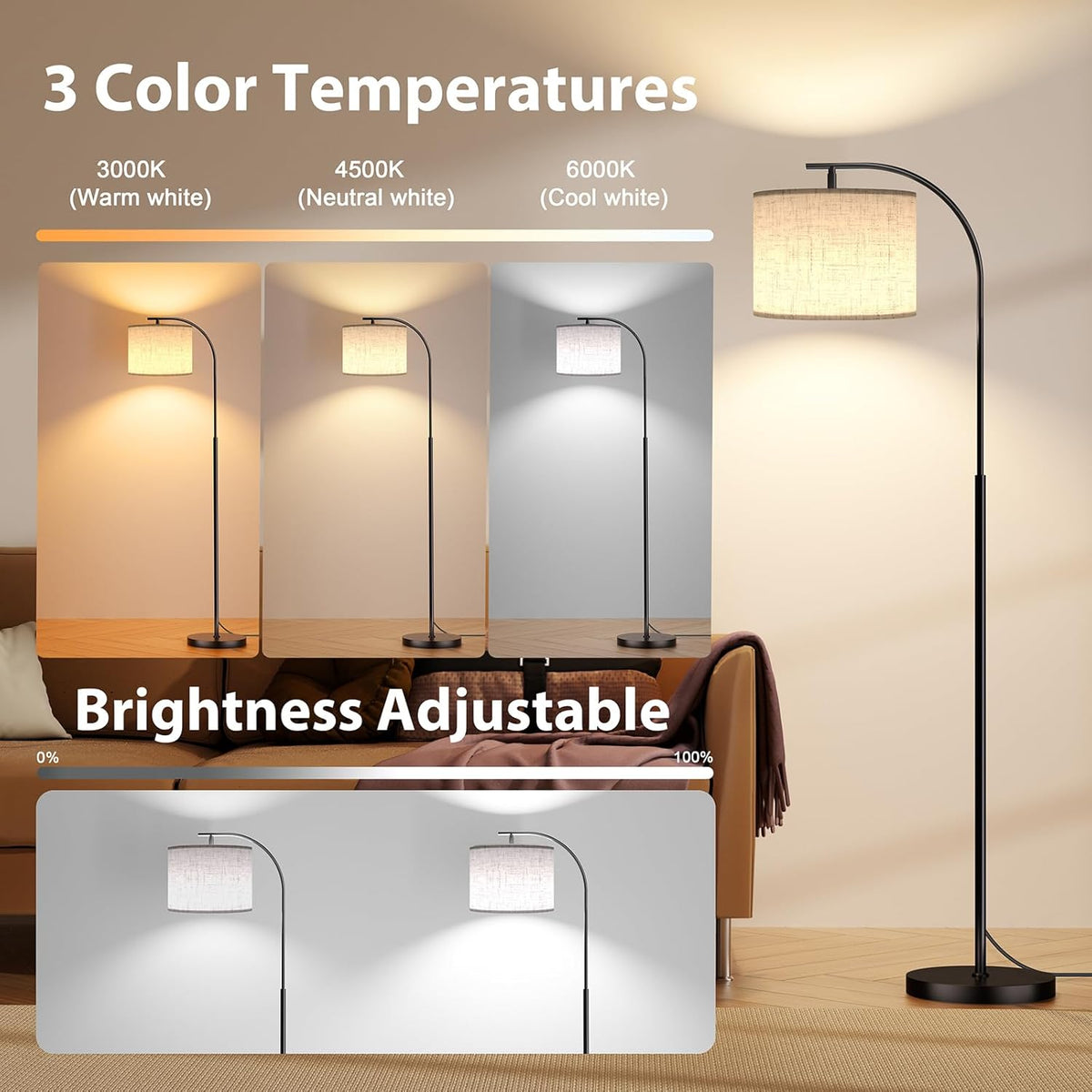 SIBRILLE Floor Lamp with Linen Shade, Arc Dimmable Tall Standing Lamp with Re...