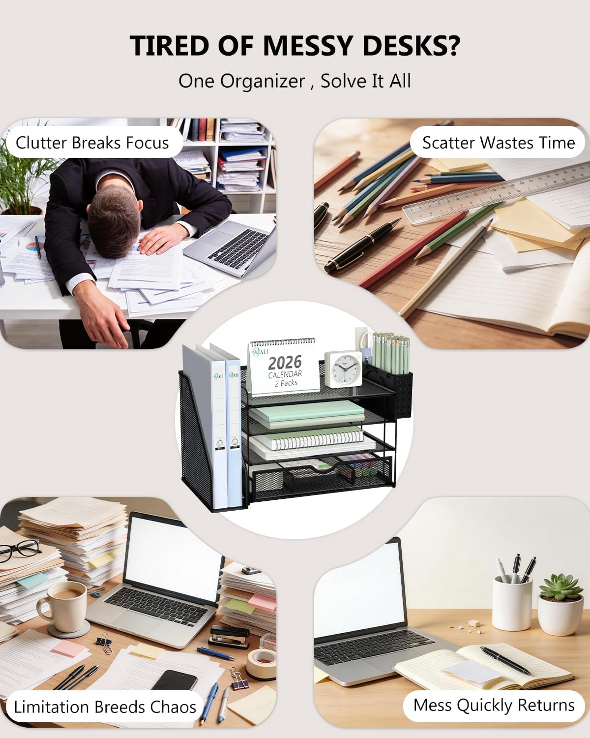 WALI Desk File Organizer, 4 Tier Desktop Paper Letter Tray Organizer with Dra...