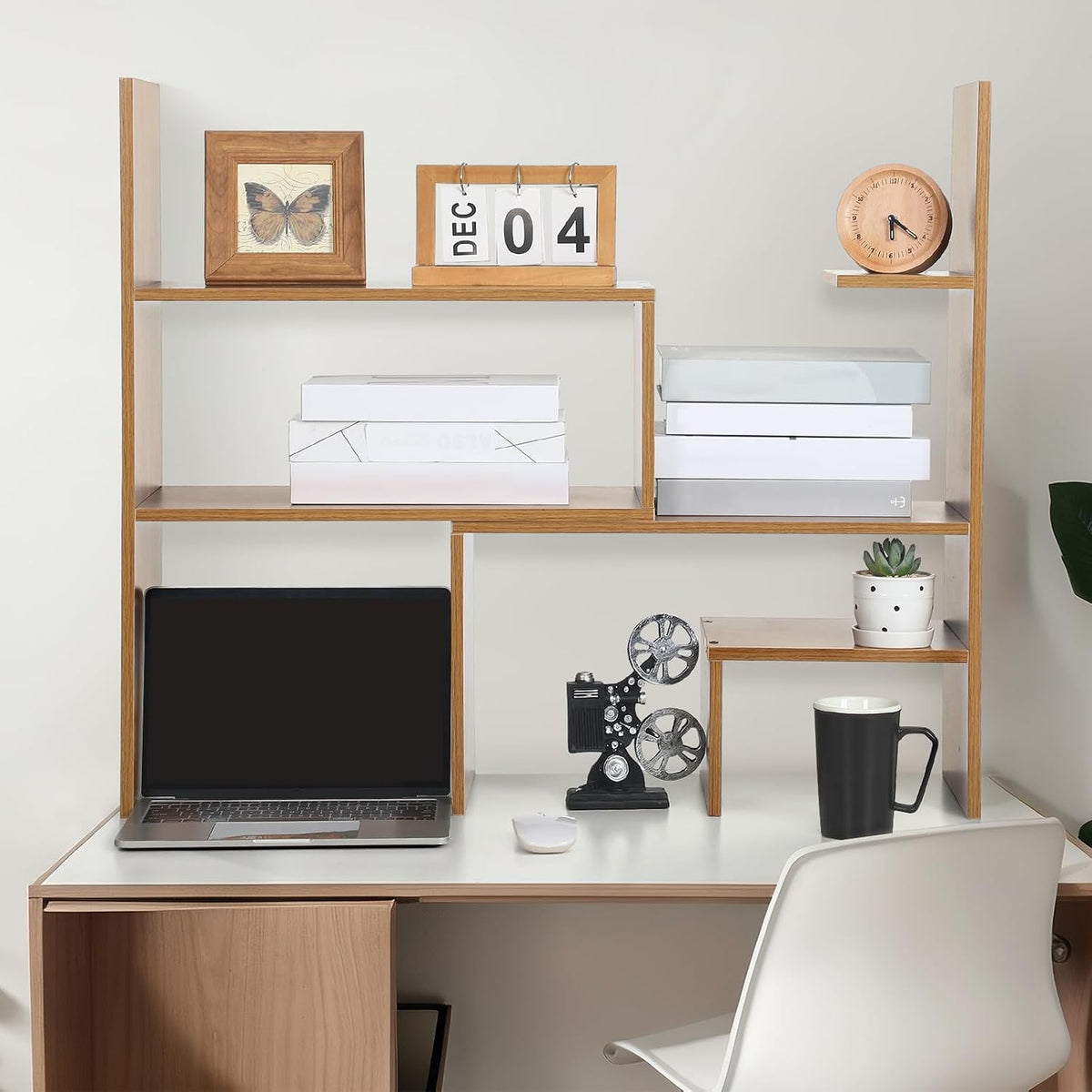Briwooody Expandable Dorm Desk Hutch Adjustable Desktop Bookshelf,Brown