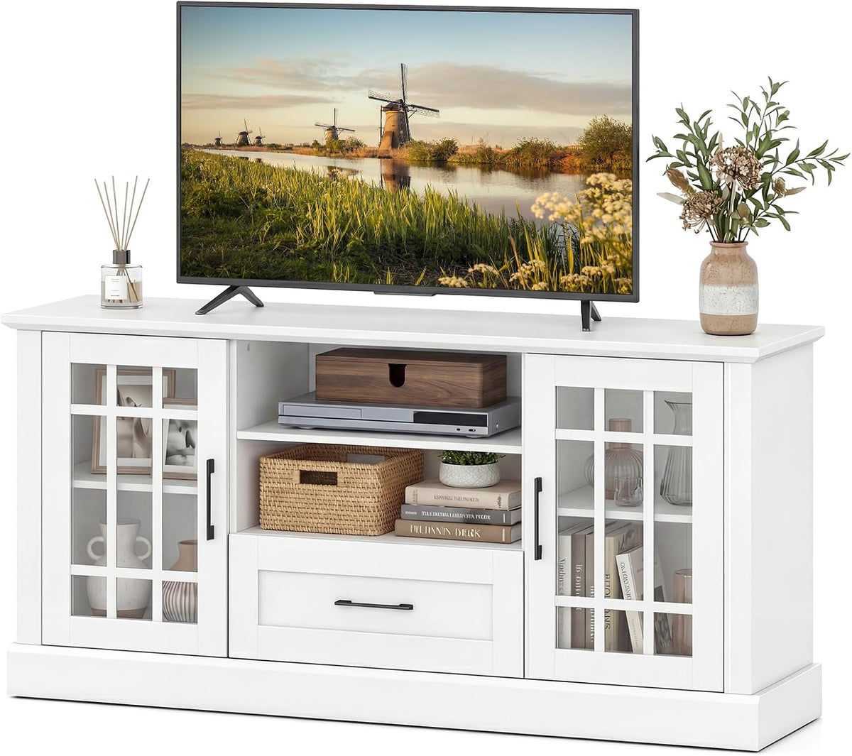 LOKO 62 Inch TV Cabinet, Media Console Table w/ 2 Glass Door Cabinets & D...