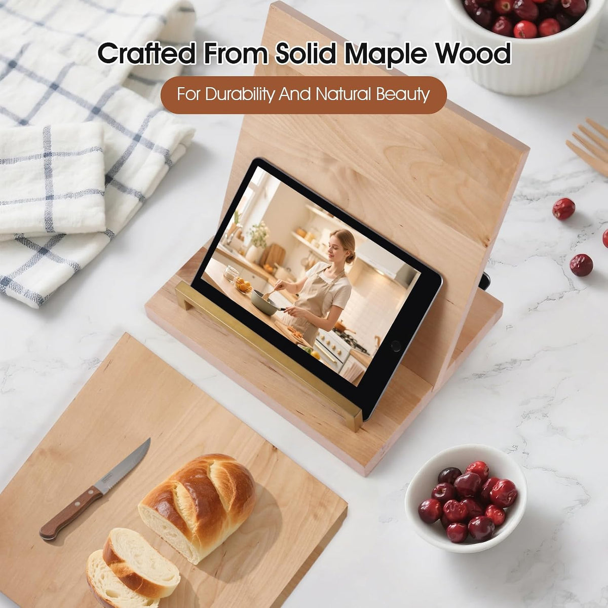 Wooden Recipe Book Holder& Kitchen Serving Tray for Kitchen Counter Decor