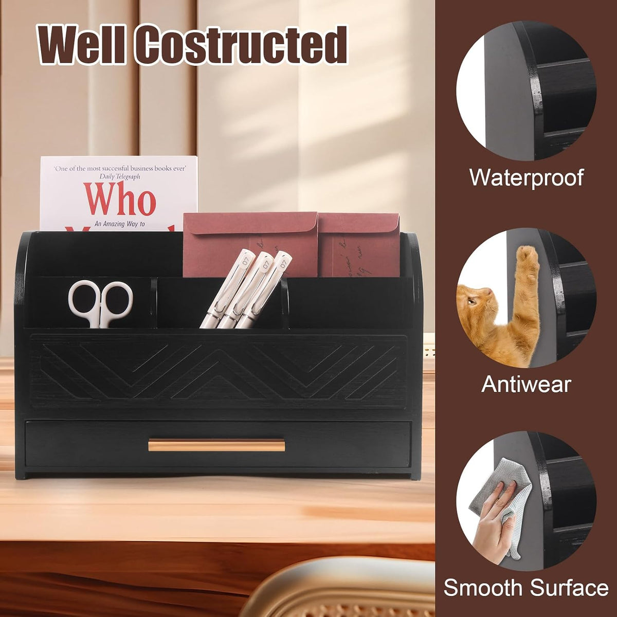Charmewooden Black Desktop Organizer with Drawer Storage, White Desk Organize...