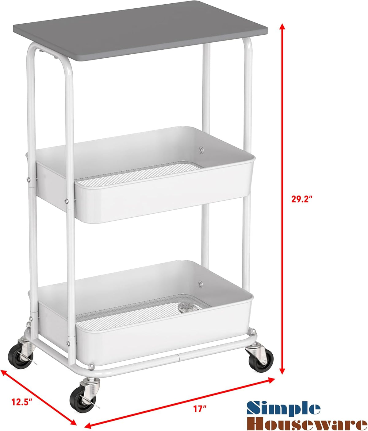 Simple Houseware 2-Tier Rolling Utility Cart Wood Top/Lockable Wheel, Gray