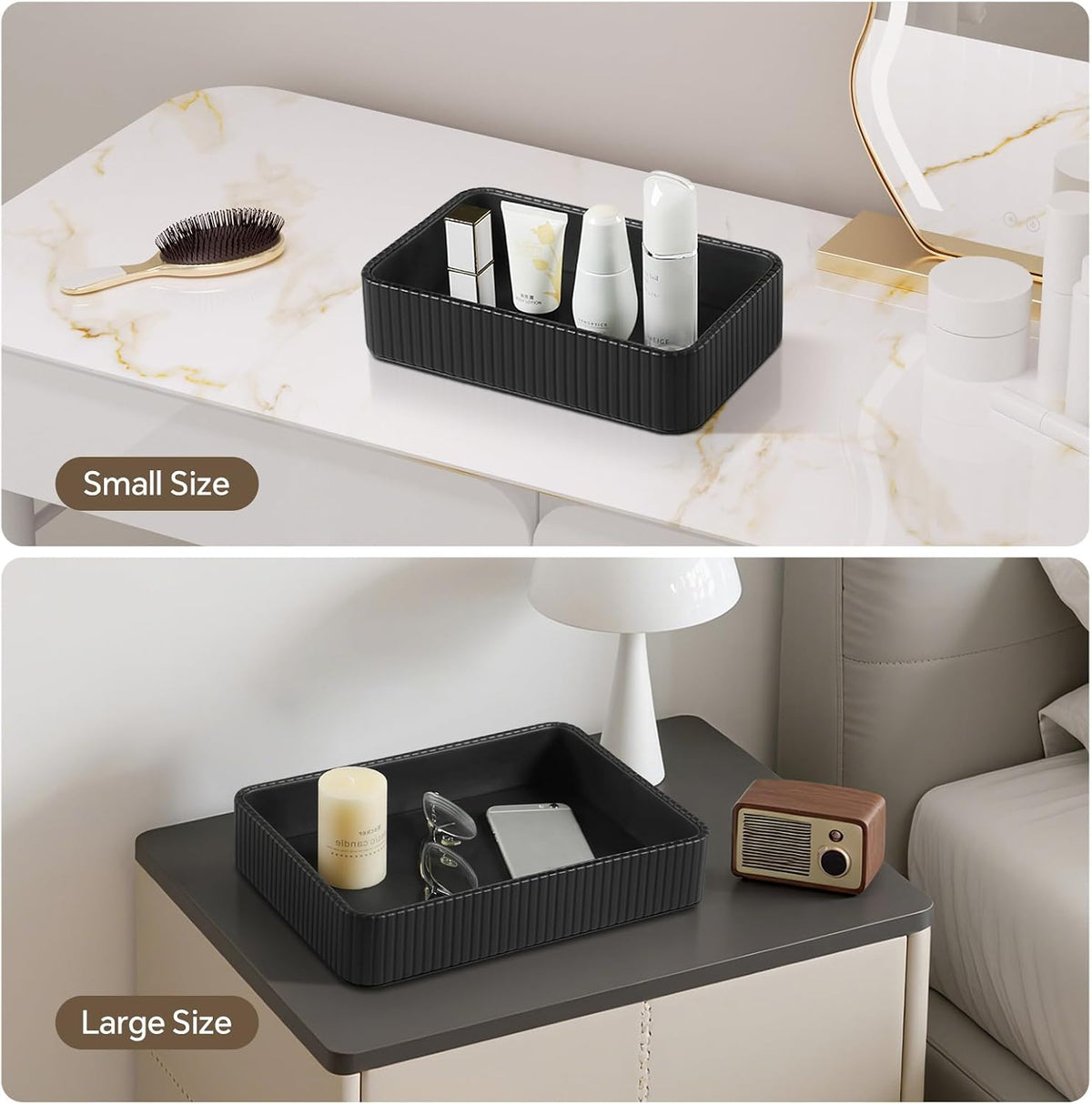 Desk Organizer Tray, PU Leather Nightstand Organizer, Black 2-Pack