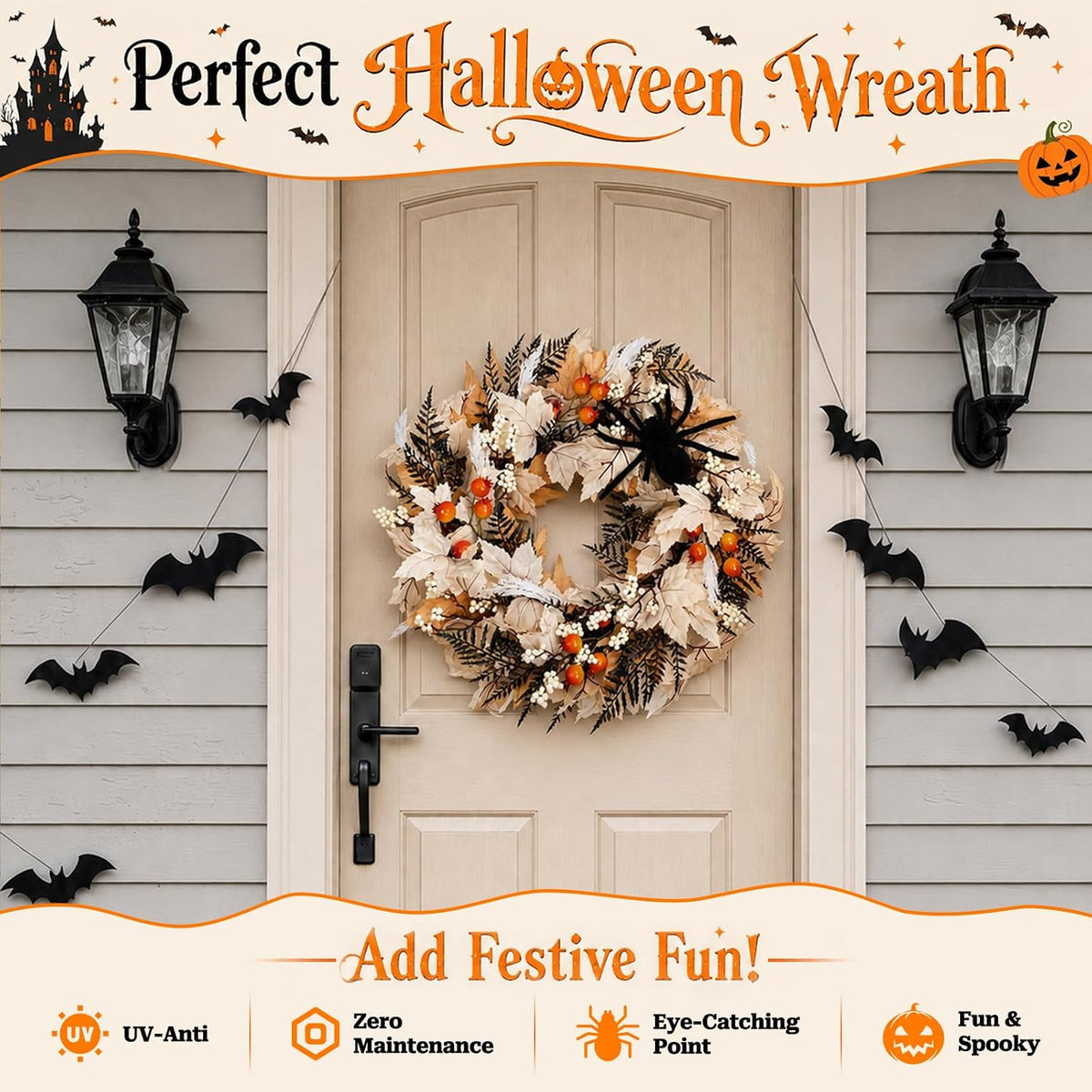 Yangrass 22" Wreath for Front Door with Spider, Fall & Halloween Hom...