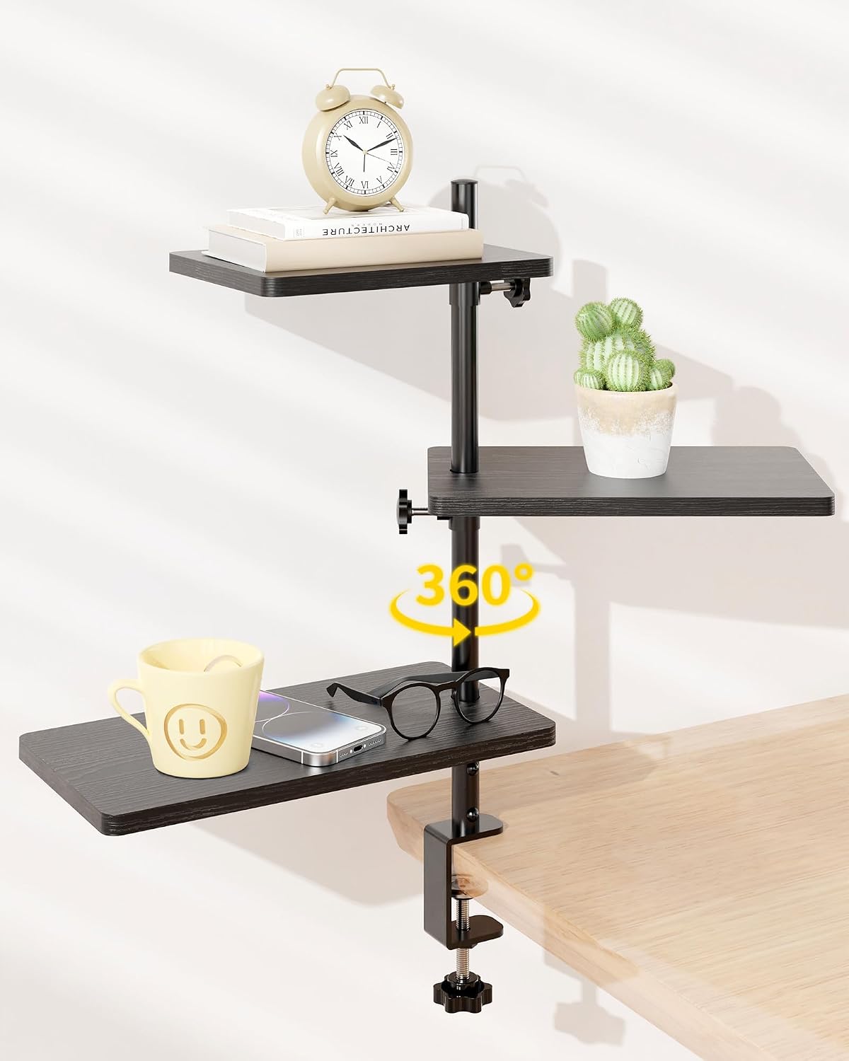3 Tiers Clamp On Desk Shelf, 360° Angle Adjustable Desktop Shelf Organizer fo...
