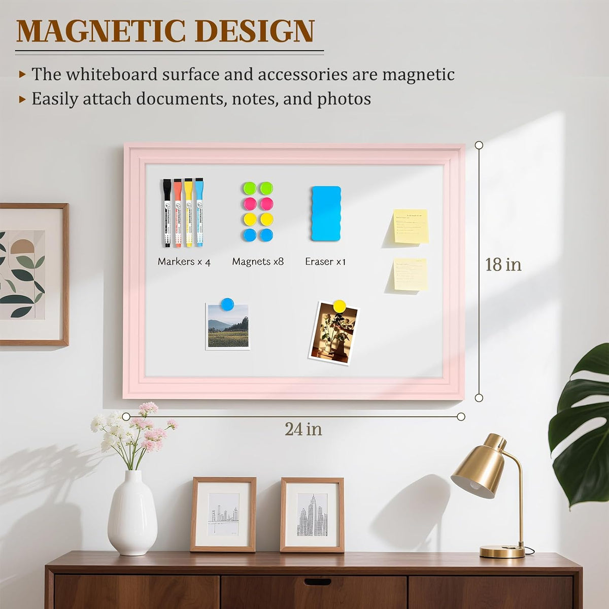 White Board for Wall, 24'' x 18'' Magnetic Dry Erase Board, Pink