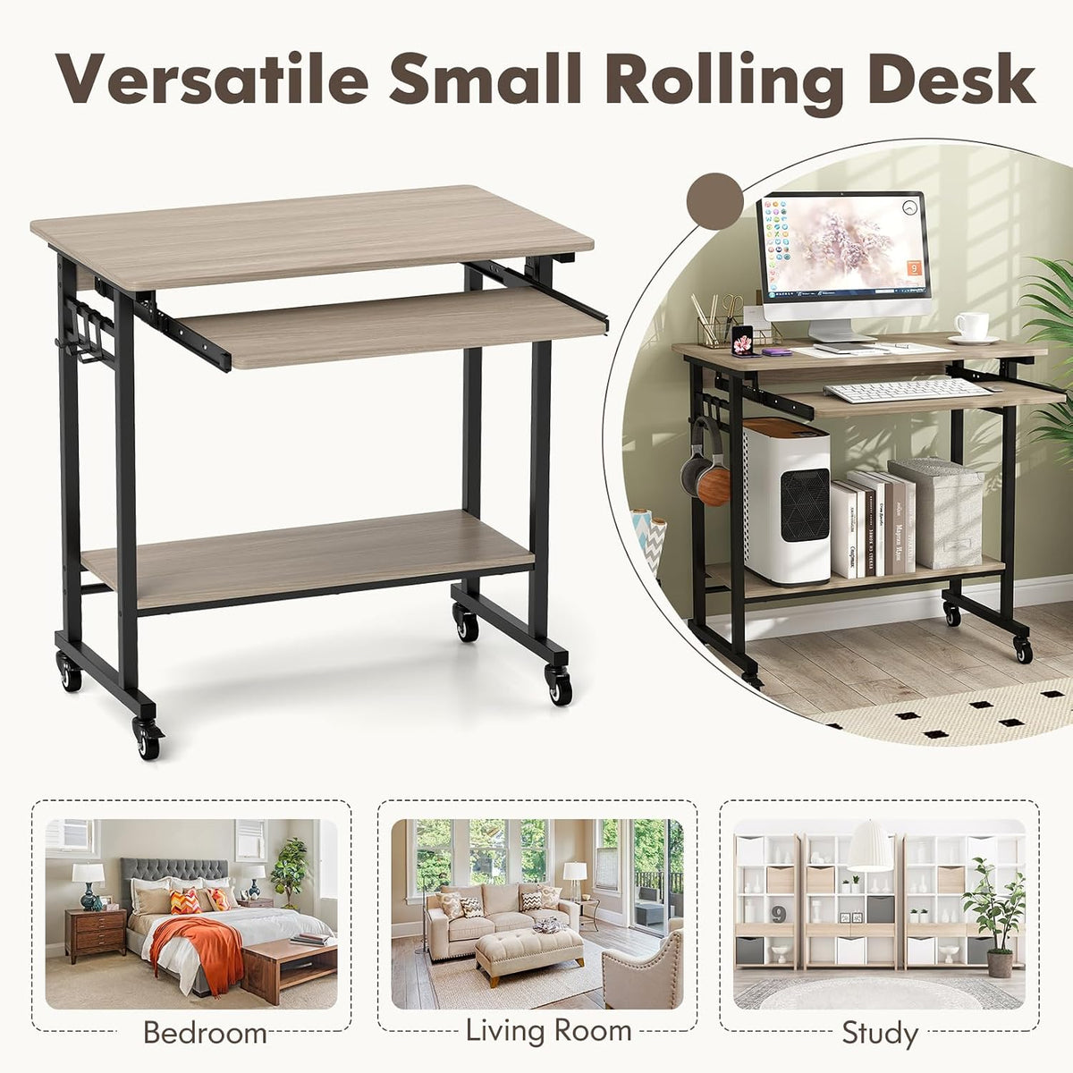 Tangkula Rolling Computer Desk Cart with Keyboard Tray, Mobile Portable Lapto...