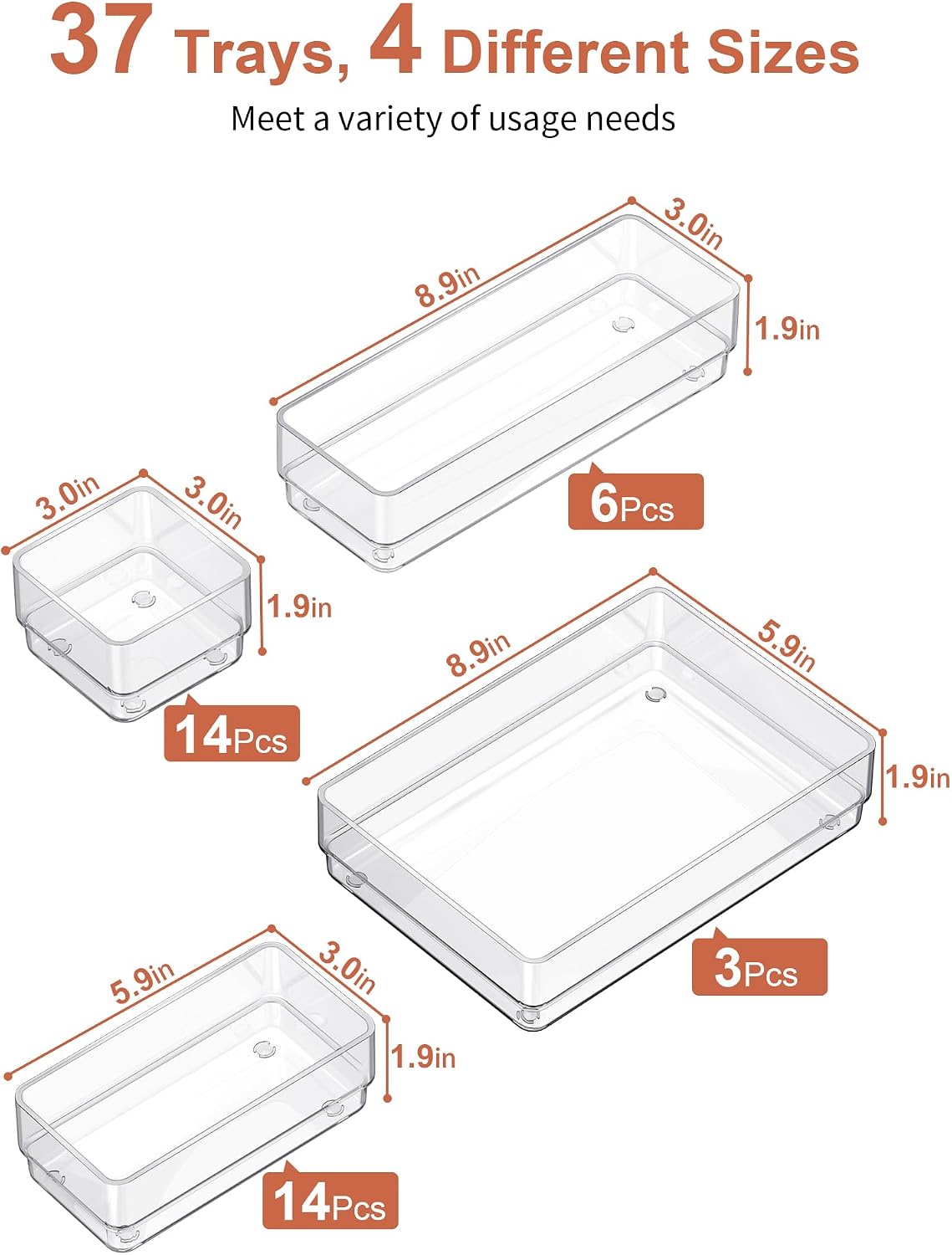 SMARTAKE 37 PCS Drawer Organizer 4 Size Desk Makeup Drawer Organizer Clear