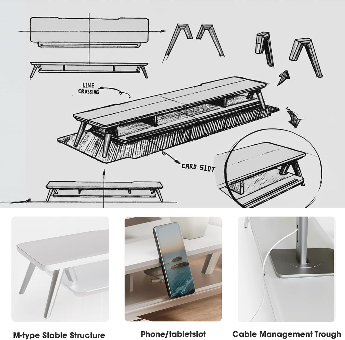 Fenge Dual Monitor Stand for Desk, Wooden Computer Riser, White