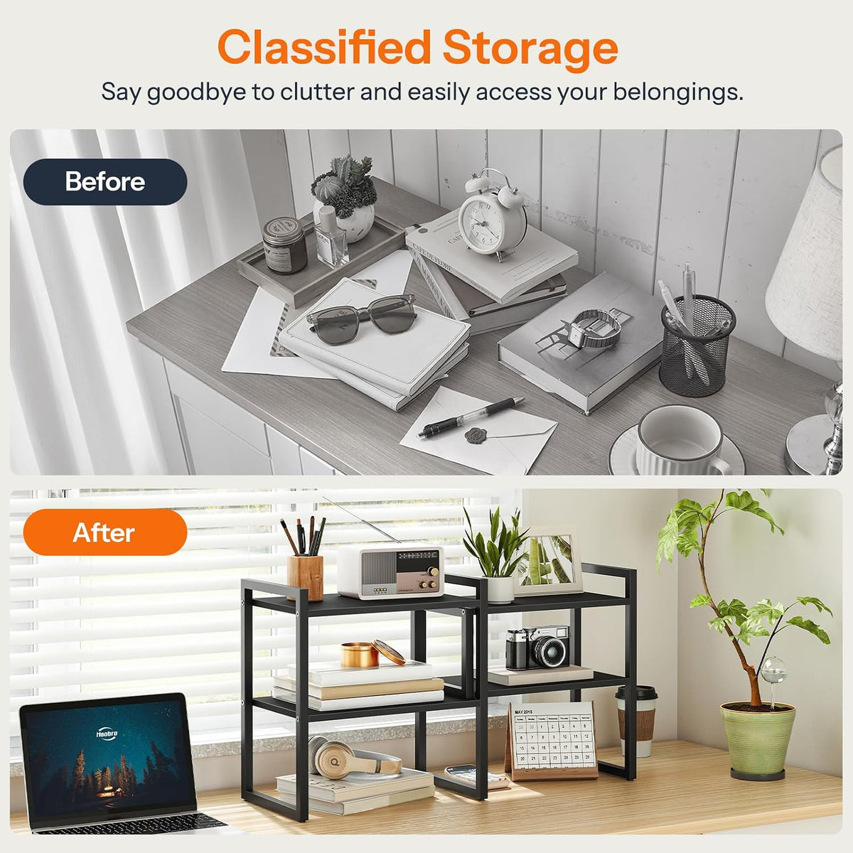 HOOBRO Desk Shelf Organizer,Adjustable Desk top Organizer Shelf, 2-Tier Shelf...