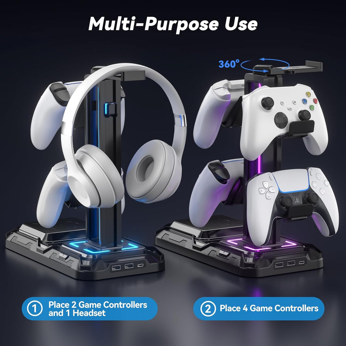 KDD Headphone & Controller Stand with Wireless Charging - Rotatable Heads...