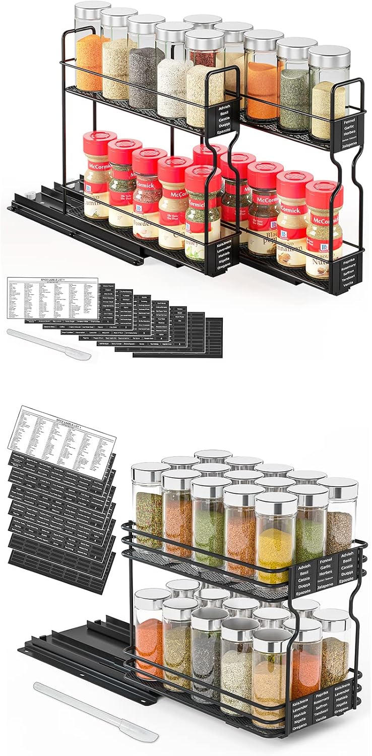 SpaceAid Pull Out Spice Rack Organizer for Cabinet, 2 Drawers 2-Tier, 1 Drawe...