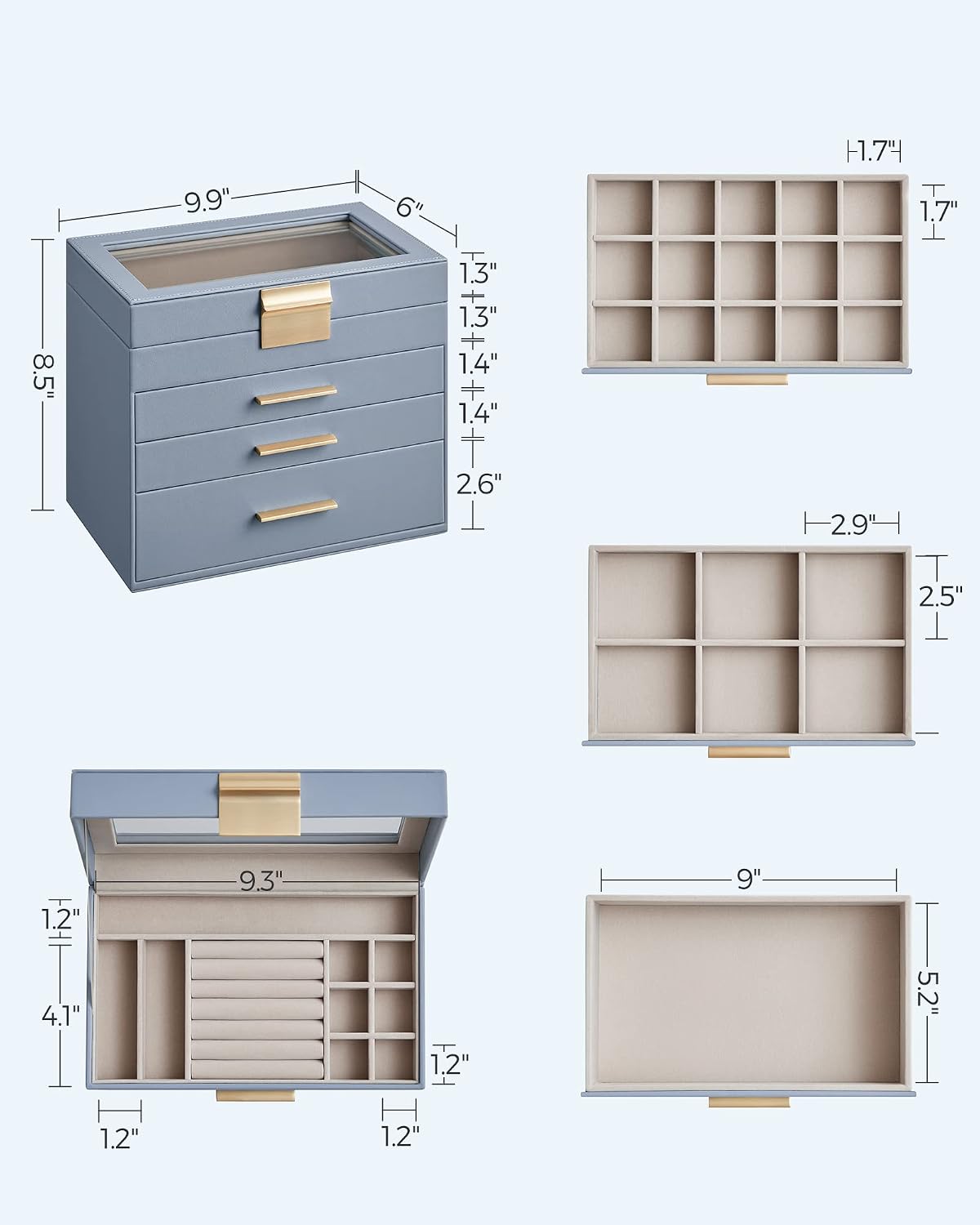 SONGMICS Jewelry Box Organizer, 4-Layer Storage with 3 Drawers, Glass Lid