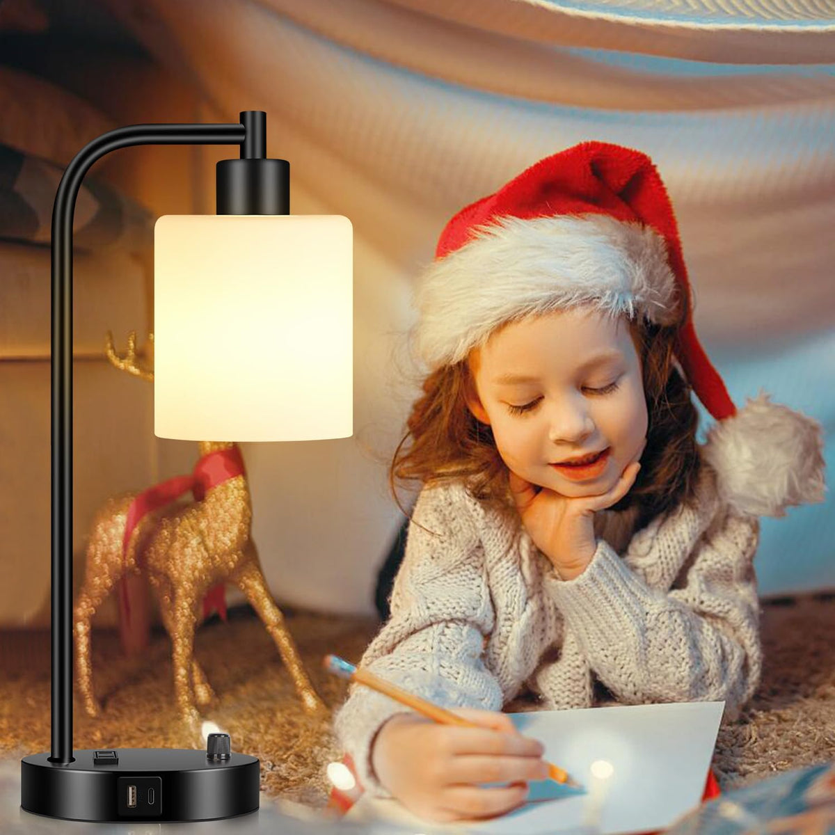 Lynnoland Set of 2 Industrial Table Lamps with USB C+A Ports and Outlet, Blac...