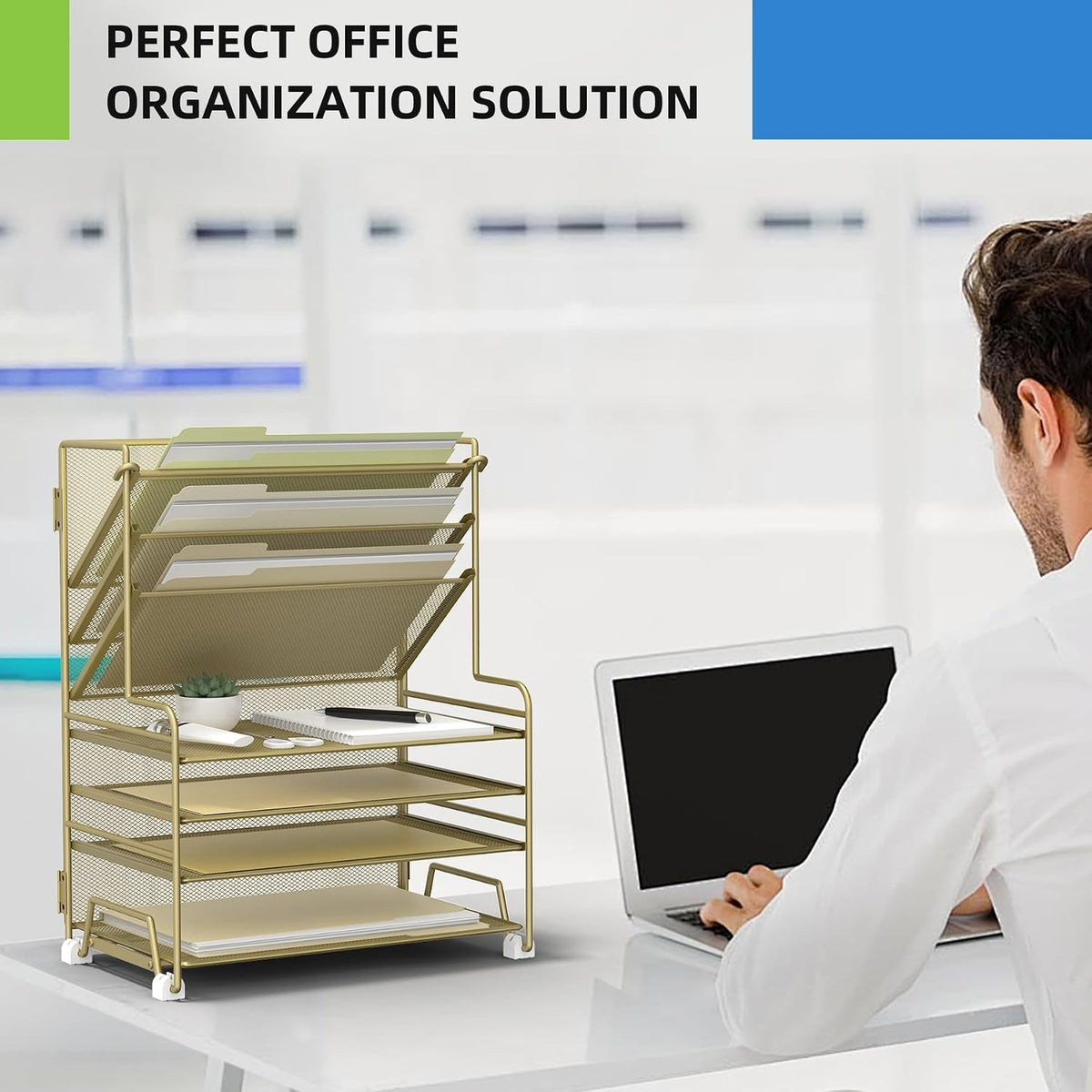 MINDEPOT 4-Tier Paper Organizer + 3-Pocket File Holder + Drawer + Pen Holders...