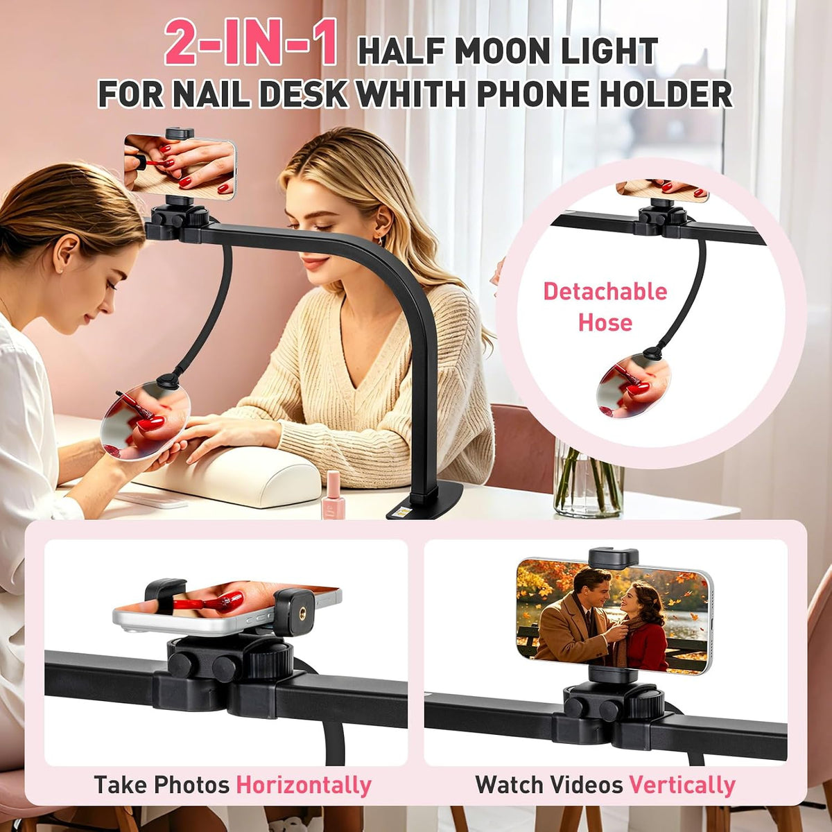 HITTI LED 5X Magnifier Half Moon Nail Desk Lamp, 30" Foldable Arch Light