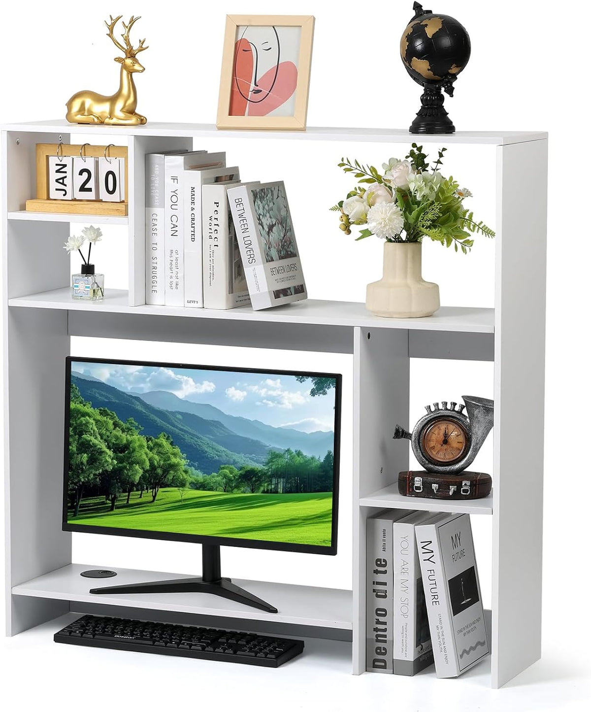 Modern Wooden Desktop Bookshelf Hutch, White Desk Organizer with 7 Shelves fo...