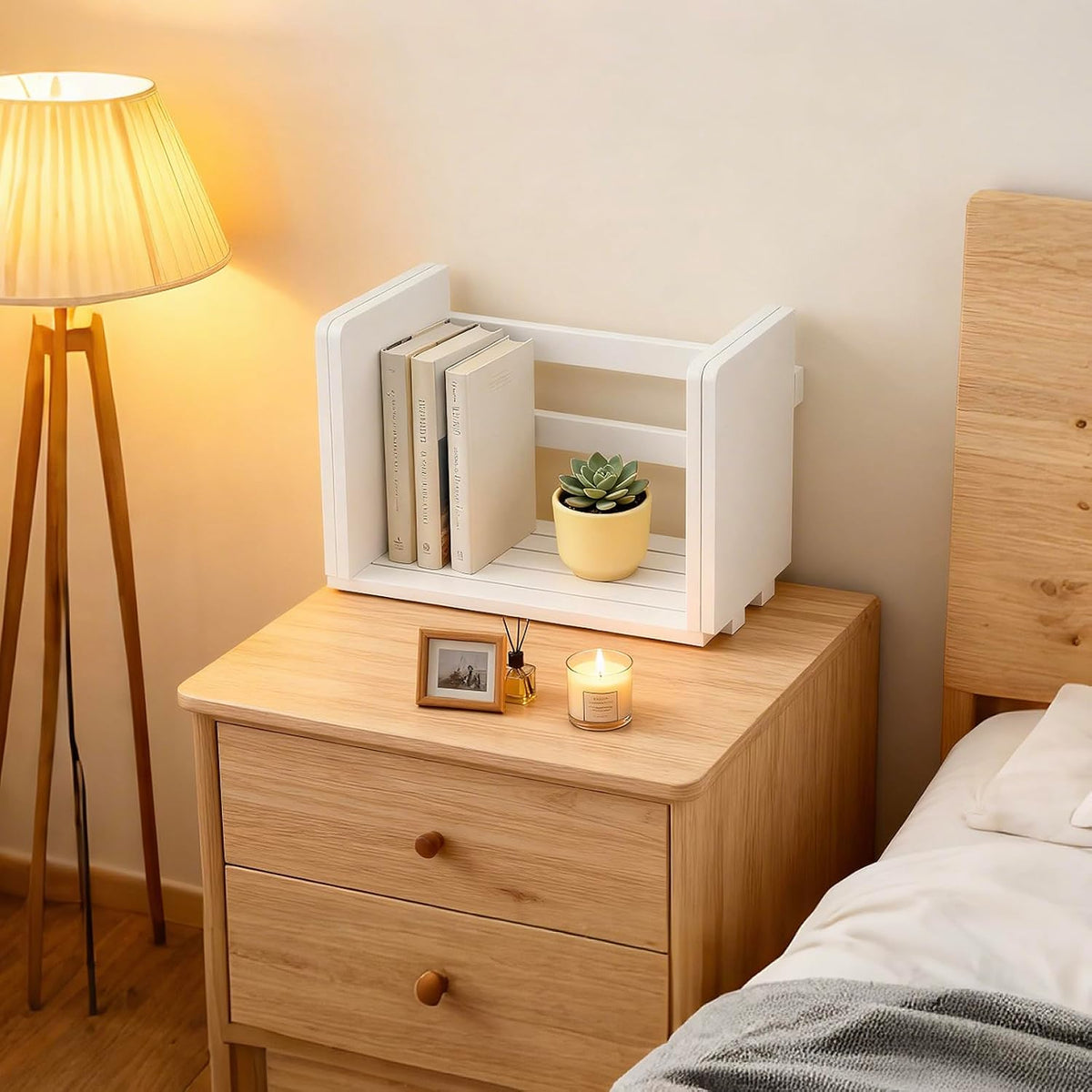 MyGift White Wood Desktop Bookshelf Organizer, Expandable Adjustable Rack