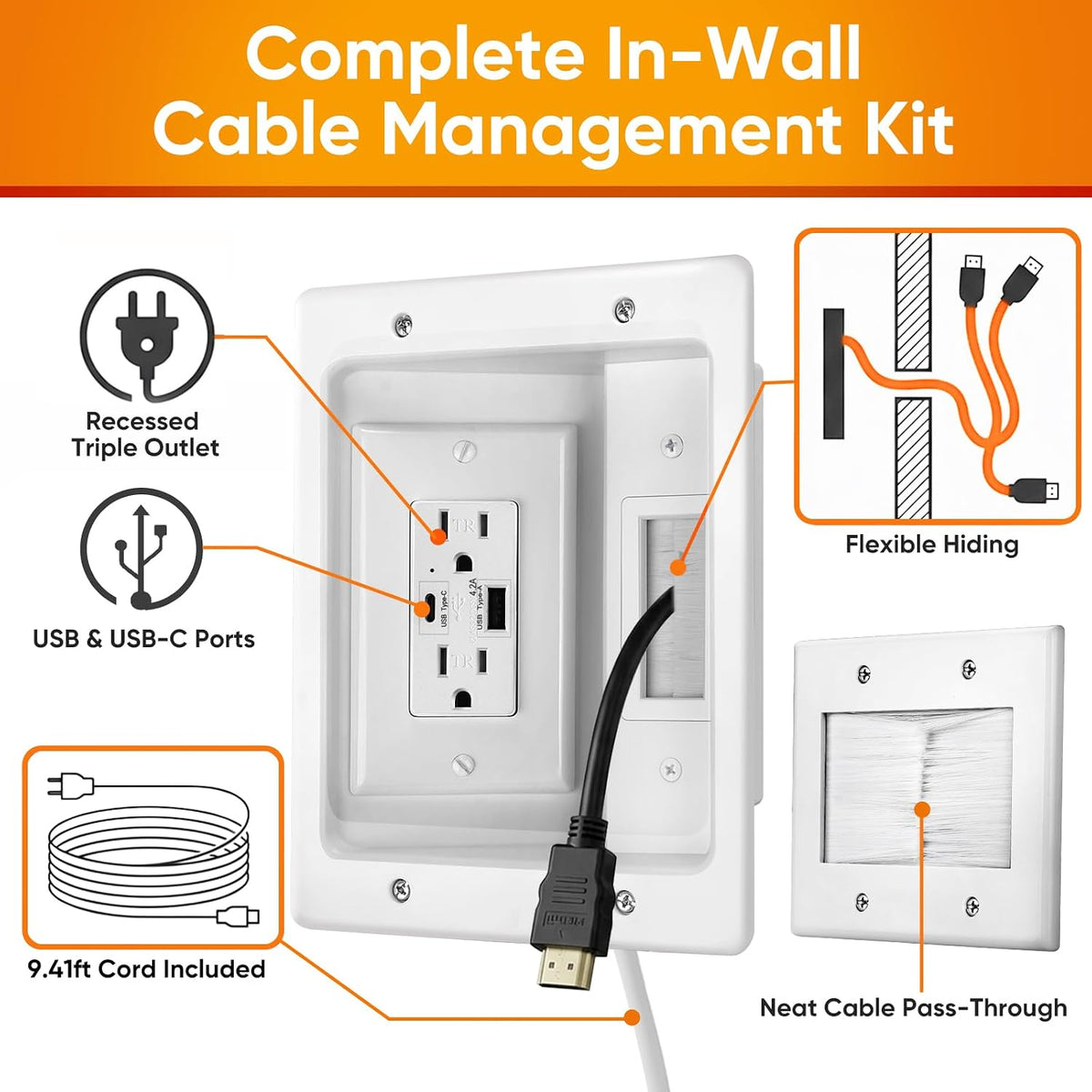 in Wall TV Cable Management Kit, Recessed Outlet Cable Hider for Wall Mount