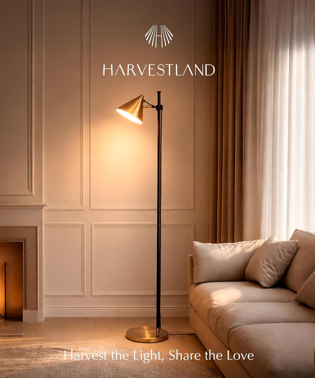 HarvestLand Noah 59" Brass Reading Floor Lamp, Adjustable Over Chair Lamp
