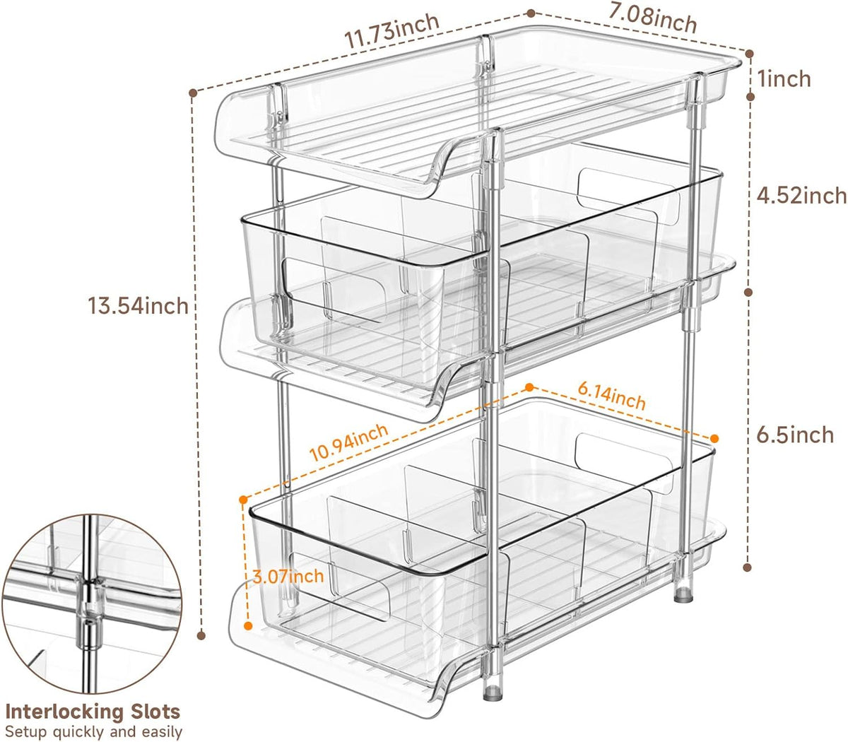 2Set 3 Tier Clear Bathroom Organizer with Dividers, Pull-Out Pantry Organizat...