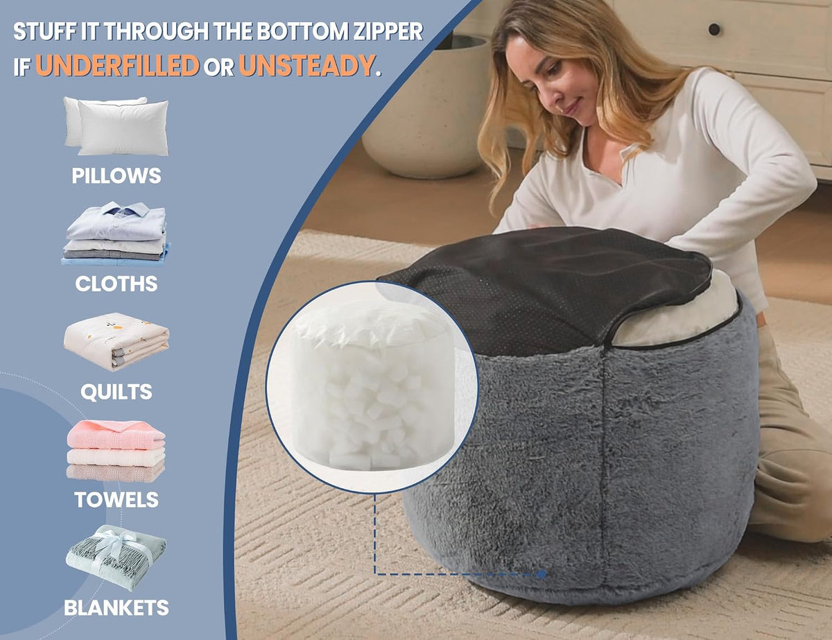 WSOFRLAC Round Pouf Ottoman, Gray Foot Stool Ottomans for Sofa, 20x15in