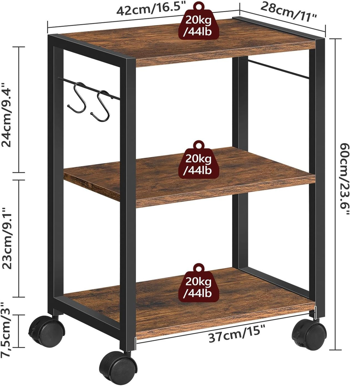 MAHANCRIS Printer Stand, 3-Tier Under Desk Rolling Cart with Storage Shelf, H...