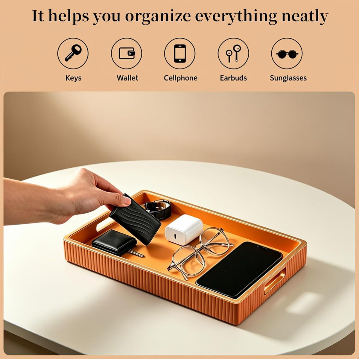 SANZIE Leather Tray Desktop Storage Organizer, Rectangle Valet Tray, Orange