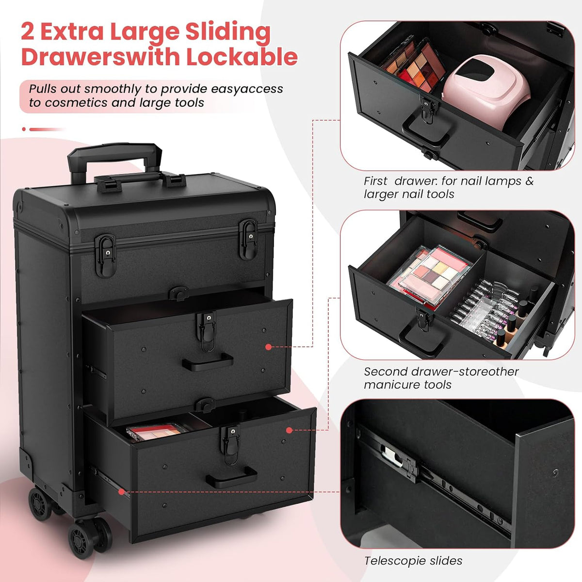 3 in 1 Rolling Makeup Train Cosmetology Case on Wheel, Medium