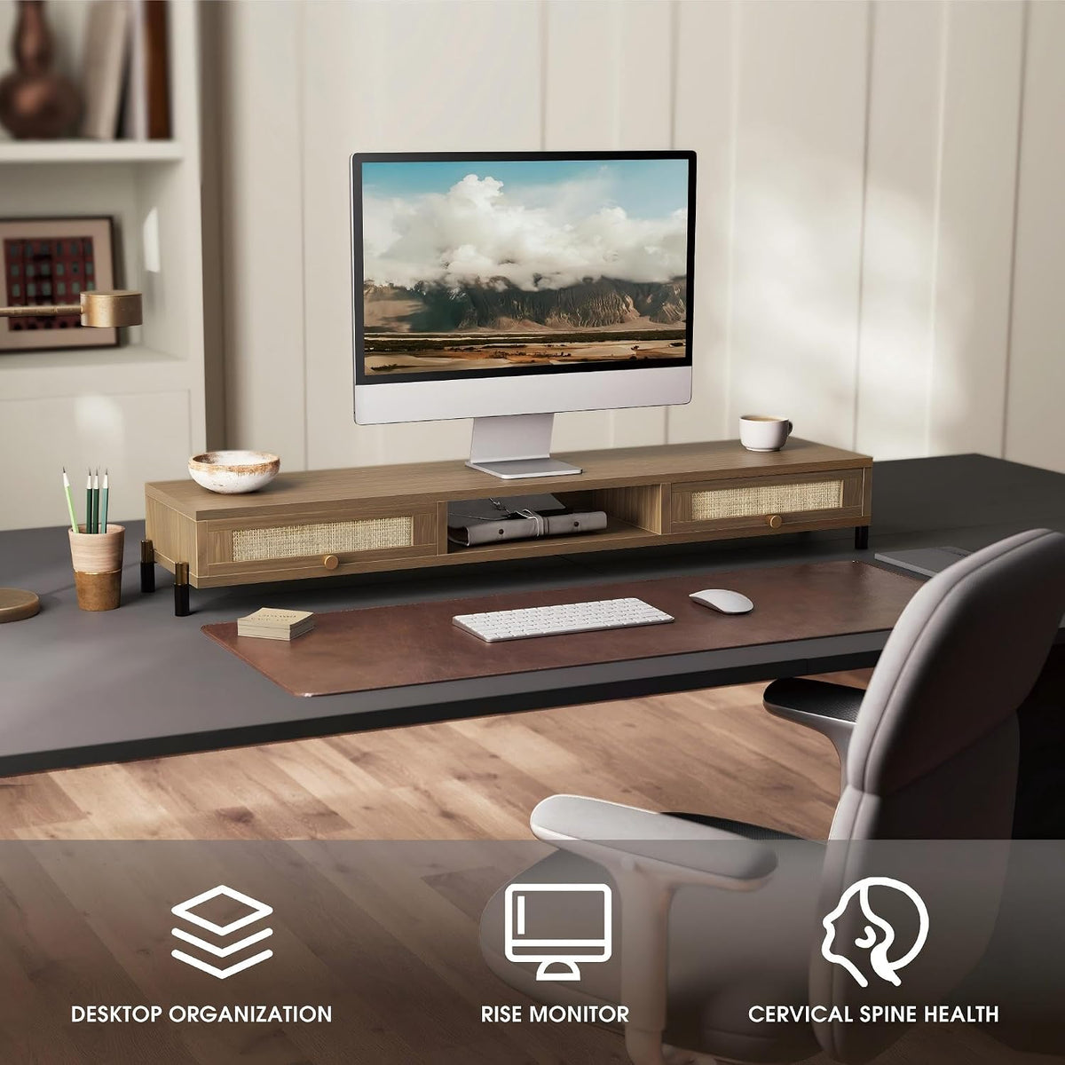 Fenge Dual Monitor Stand, Wooden Riser with Rattan Woven Flip Drawers
