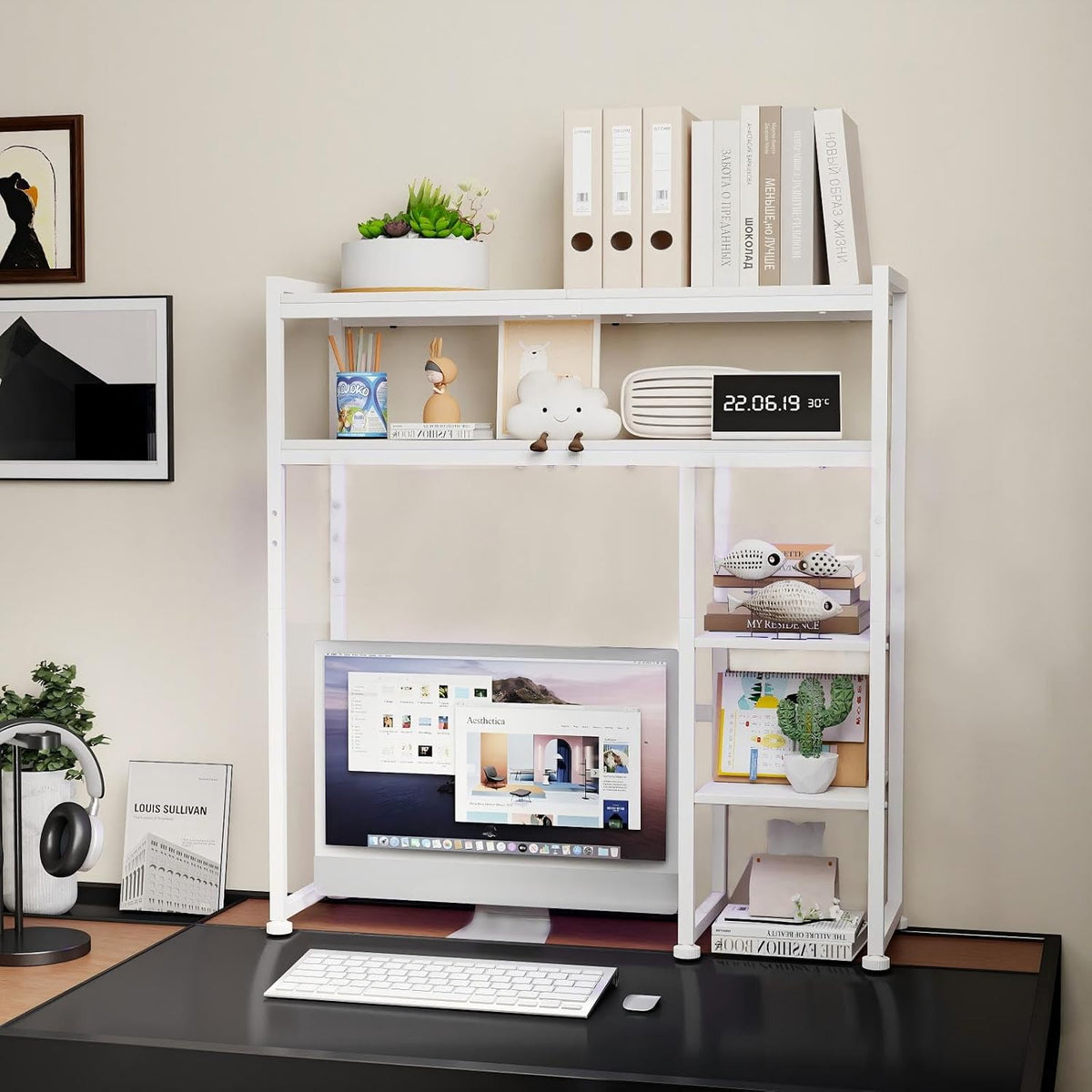 Aetheris Desktop Organizer Shelf, 30" Wooden Office Storage Rack, Displa...