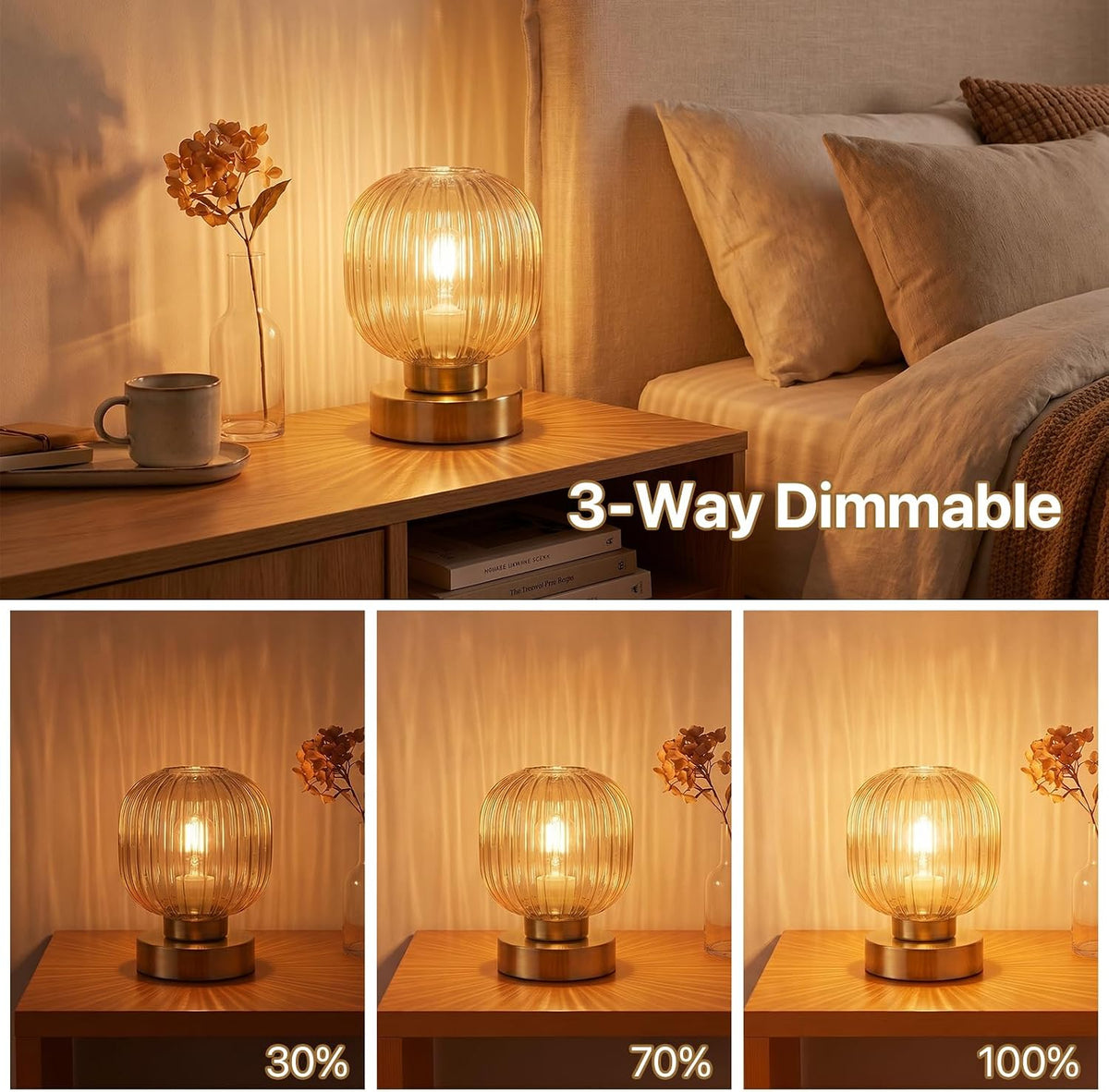 Elenhome Amber Touch Glass Table Lamp, 3-Way Dimmable Bedside Lamp, Vintage M...