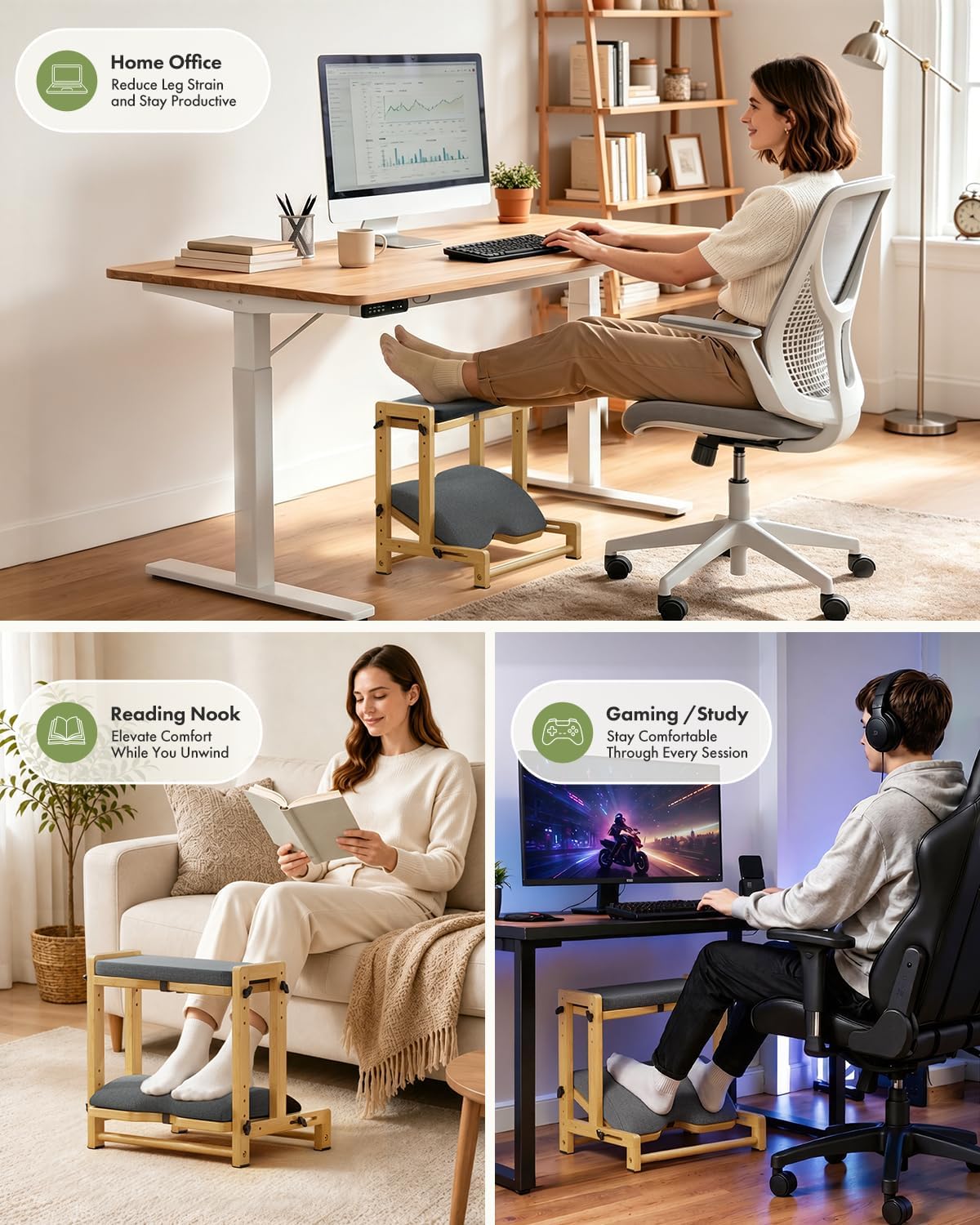 Amazer Double Step Foot Rest for Under Desk, 4 Adjustable Heights Bamboo Unde...