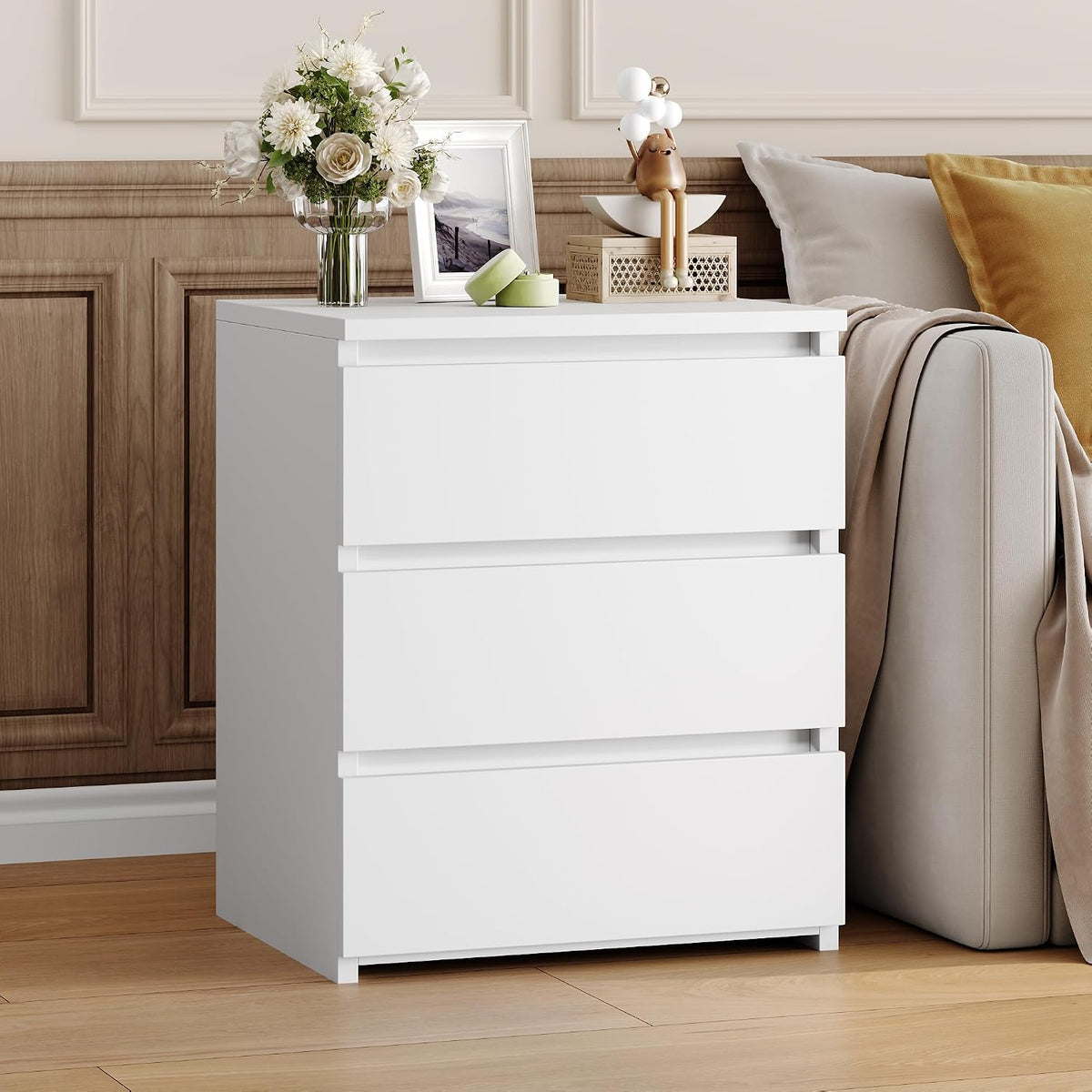 FOTOSOK Nightstands Set of 2, White Nightstand with 3 Drawers for Bedroom