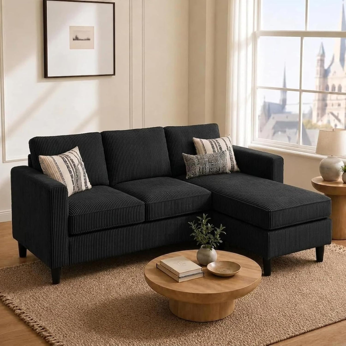 Nuturelly 73.6" L-Shaped Small Sectional Couch with Ottoman, Black
