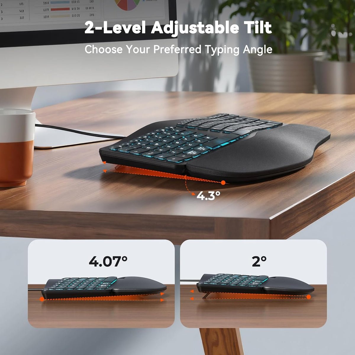 MEETION Wired Ergonomic Keyboard with Backlit Keys and Wrist Rest, Black