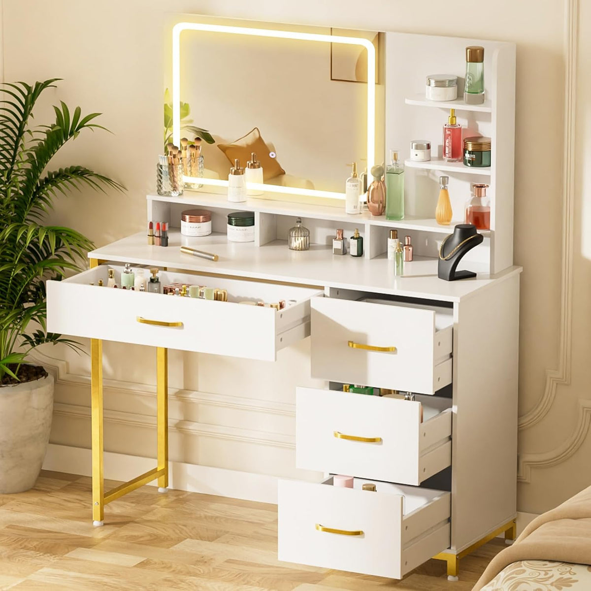 COMHOMA Vanity Desk with Mirror and Lights, Makeup Vanity Table with 4 Drawer...