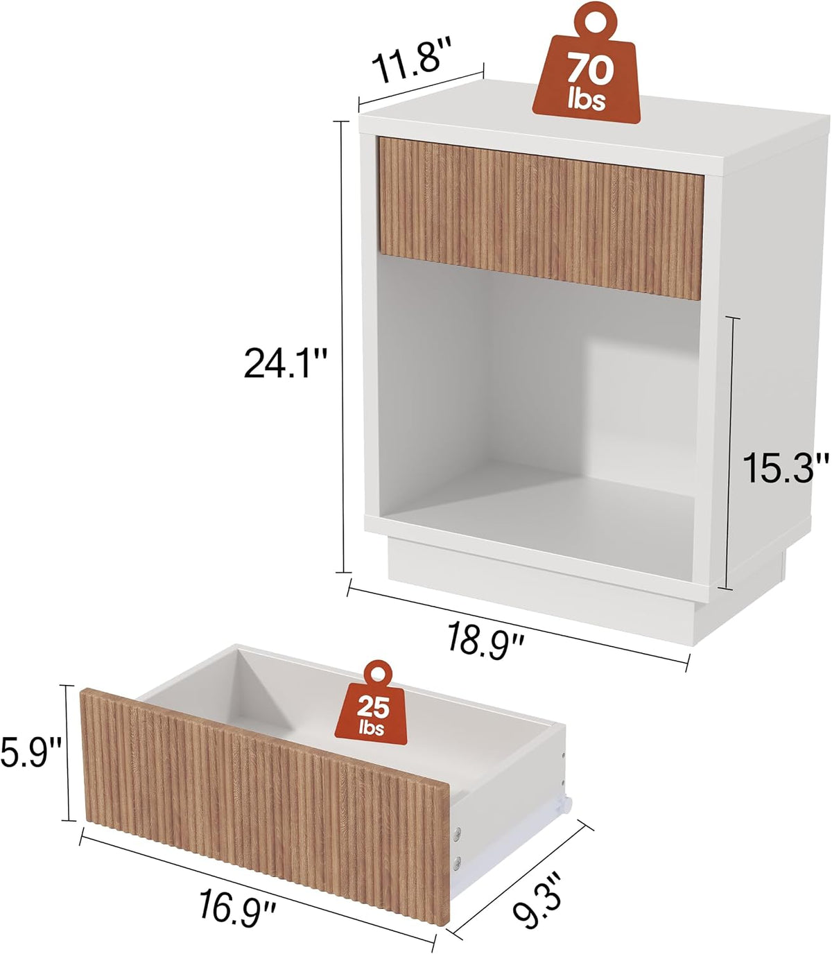 Nightstands Set of 2, Fluted Wooden Bed Side End Table