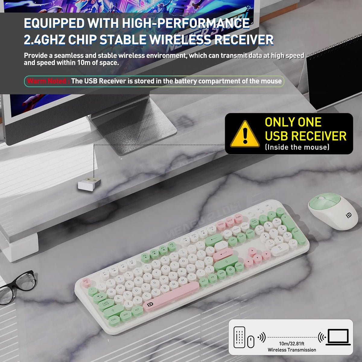 Wireless Keyboard and Mouse Set, 105 Keys Full-Size Cute Colorful Keyboard an...