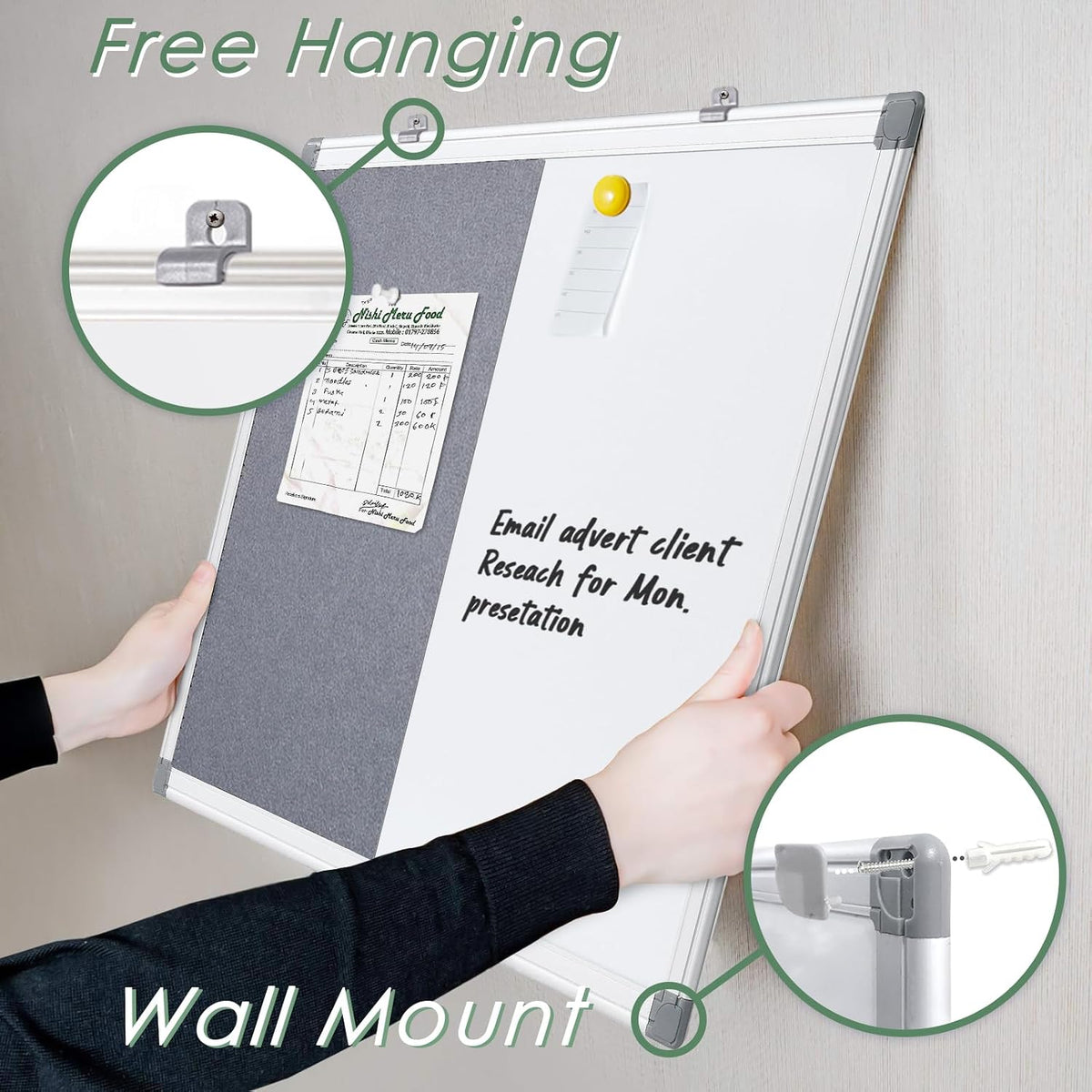 SWANCROWN Bulletin Board White Board Combo, 24 x 18 in, Aluminum Frame