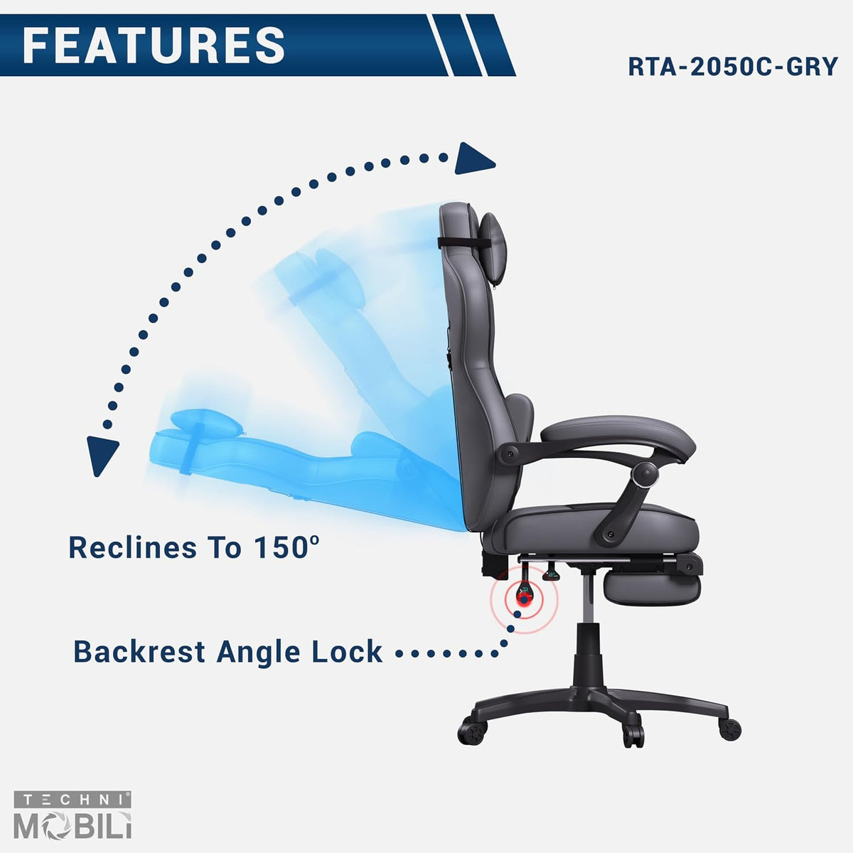 Techni Mobili Executive Gaming Chair with Footrest, 150° Reclining, Grey