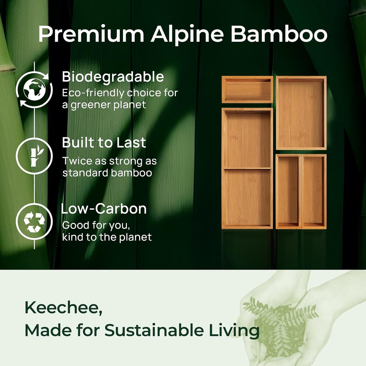 keechee 5-Piece Bamboo Drawer Organizer Set, 2.2" Deep Multi-Use Organiz...